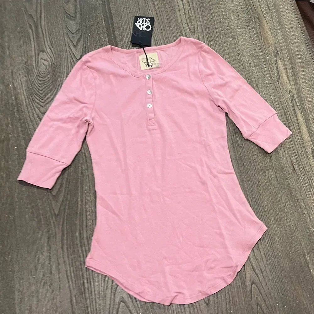 NWT Chaser Bubblegum Pink Henley 1/2 Sleeve Top Size S